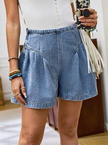 LanaWest Women Blue Pleated Ruffled High Waist Casual Summer Fashion Denim Shorts - Blue - View 7