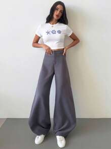 Firerie 女士优雅休闲时尚通勤灰色低腰超宽腿裤，海滩，机场风格 - 灰色 - 查看 5