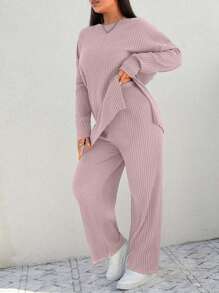SHEIN Cottnline 2pcs/Set Plus Size Solid Color Ribbed Crew Neck Long Sleeve Top And Pants - Baby Pink - View 4
