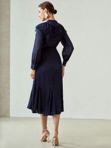MOTF PREMIUM VESTIDO LARGO CON VOLANTES DE TEXTURA SÓLIDA DE BORDADO Y MALLA, BAJO DE COLA DE SIRENA
