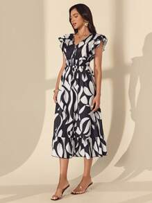 Chiquease Damen elegantes Kleid mit geometrischem Muster in Länge - Schwarz und Weiss - Übersicht 5