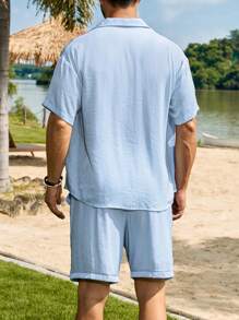 Manfinity Nomadique Men's Casual Bamboo Knit Solid Color Short Sleeve Shirt And Drawstring Waist Pocket Shorts Set, Summer