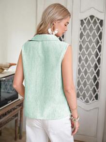 LanaWest 女士西式休闲日常亚麻无袖衬衫，夏季 - 薄荷綠 - 查看 2