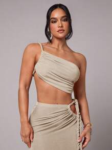 Silquee Women's Solid Color Ruched Cropped Top, Suitable For Commuting, Daily Wear, Vacation, Spring Break, Beach, Night Out, Girls' Gathering, Beach Party, Pool Party, Dressy Tops One Shoulder Tops, Going Out - Apricot - View 7