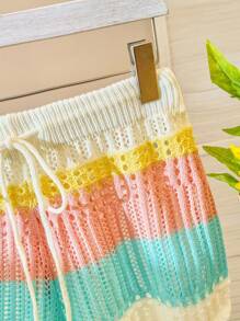 Skyraze Summer Casual Colorblock Striped Hollow-Out Knit Shorts - Multicolor - View 3