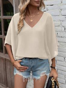 EMERY ROSE Casual Minimalist Solid Color Batwing Sleeve Shirt For Holiday - Apricot - View 7