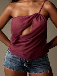 MISSGUIDED Asymmetric One Shoulder Ruched Cami Top Festival Concert Party Club Night Out Casual Summer Spring Essential Basic Tank - Purple - View 4