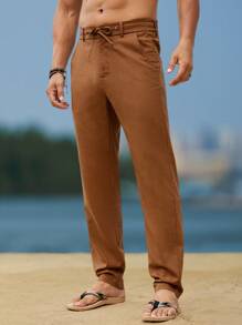 Manfinity RSRT Pantaloni casual da uomo tinta unita con passanti per cintura, versatili, per l'estate - Caffè Marrone - Visualizzare 4