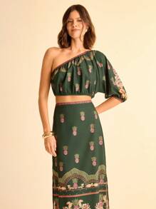 CAJUNI 2pcs/Set Printed Lantern Sleeve Top And Slit Hem Skirt - Multicolor - View 3