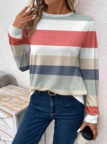 EMERY ROSE Camiseta de manga larga con cuello redondo y estampado de parches a rayas para mujer, otoño/invierno