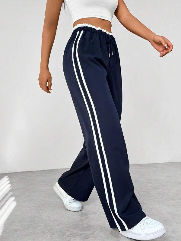 Flirla Women'S Color Block High Waist Side Striped Weave Tape Casual Pants,Ladies Spring/Fall Casual Drawstring,Side Stripe Natural Wide Leg Long Navy Blue Loose Women Pants,Casual Daily Wear