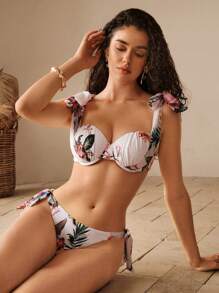 Anewsta Women's Summer Beach Floral Print Ruched Twisted Shoulder Bikini Set - White - View 7