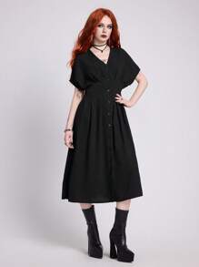 ROMWE Grunge Punk Gaun Kasual Wanita Warna Polos Lengan Kelelawar, Musim Panas - Hitam - View 4