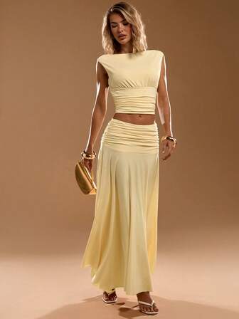 SHEIN BAE Women's Summer Pale Yellow Boatneck Waist-Pinching Top Asymmetrical Hem Skirt Elegant Sexy Set Holiday Vacation Outfits Birthday Night Out