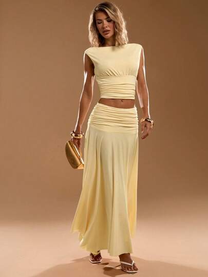 SHEIN BAE Women's Summer Butter Yellow Boatneck Waist-Pinching Top With Waist-Pinching Asymmetrical Hem Skirt Elegant Set , Birthday Outfits For Women , Vacation Two Pieces Set , Vacation Outfits Woman,Valentine's Day,Valentine Outfits For Women