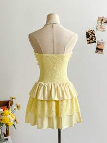 Soleia 女士浪漫假期淡黄色蕾丝荷叶边下摆露肩迷你连衣裙，适合节日约会、下午茶、海滩、邮轮度假、城市旅行、婚礼、音乐节、波西米亚风度假 - 黃色 - 查看 2