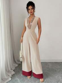 Mono elegante de mujer con cuello en V, bordado floral, ajustado a la cintura, diseño de bajo contrastante, adecuado para uso diario, casual y ocasiones de fiesta, primavera/verano - Albaricoque - Ver 4