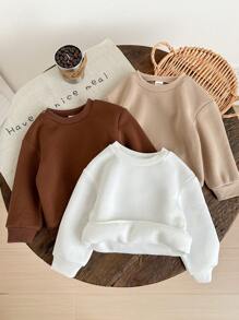 SHEIN LMoss Kids LMoss 3 件套女婴纯色可爱保暖内衬圆领长袖运动衫，秋冬 - 白色 - 查看 4