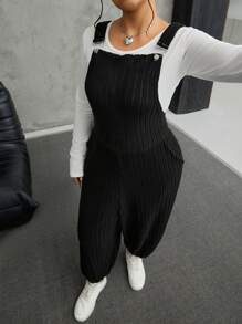 SHEIN EZwear 大码灰色弹力羊毛罗纹针织背带裤，秋冬款 - 黑色 - 查看 6