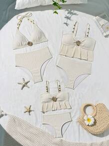 2 pièces/Set Mignon Jeune Fille Monokini Couleur Unie, Costume de Bain de Plage d'Été
