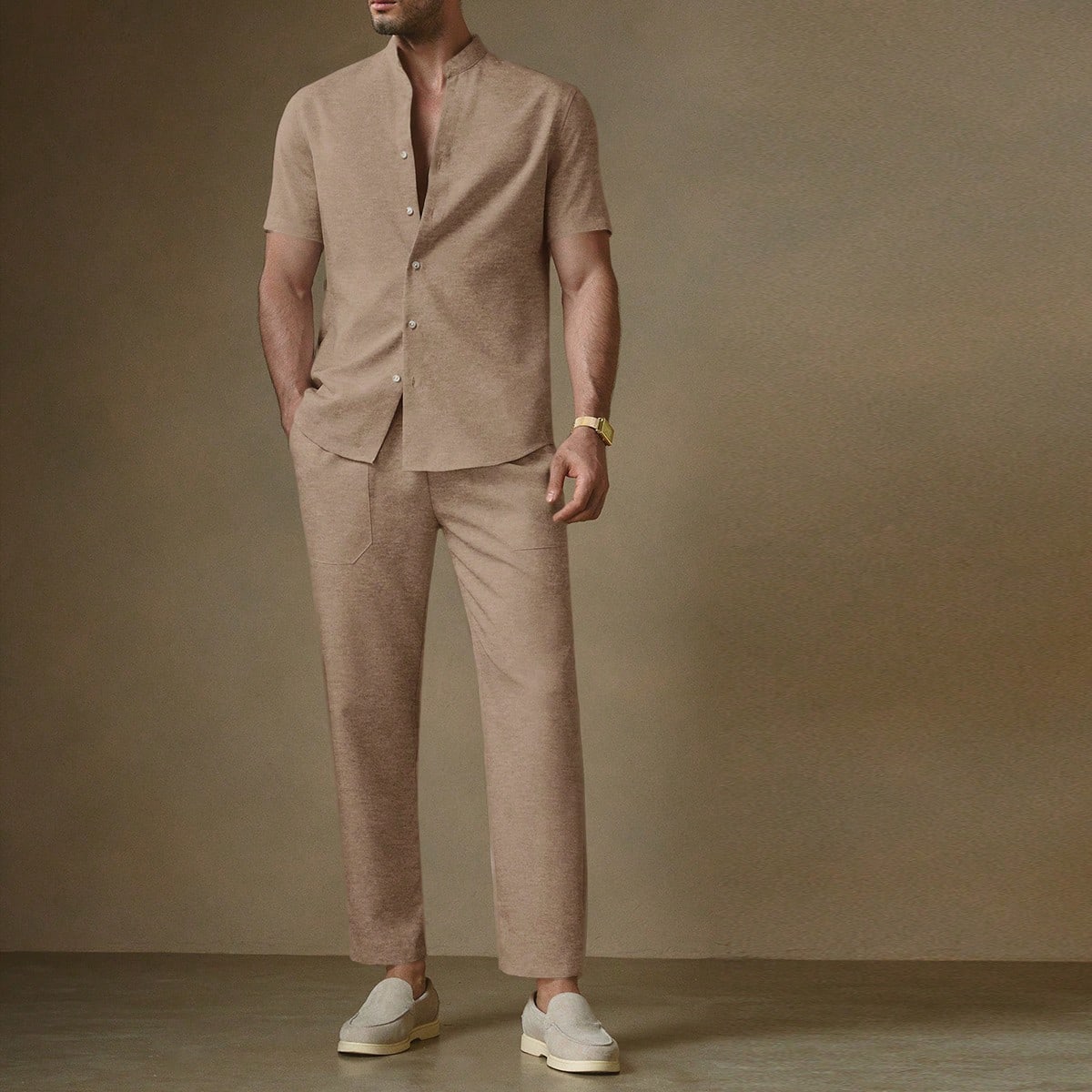Conjunto casual para hombre con camisa de manga corta de cuello en V y un solo botón, pantalones de pierna ancha con cintura con cordón y bolsillos,