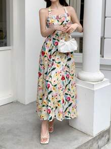 SHEIN LUNE 女式夏季度假风格全花卉印花荷叶边装饰长款吊带连衣裙 - 彩色 - 查看 4