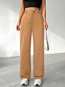 SHEIN EZwear 女式巧克力棕色拉链直筒裤 - 巧克力棕 - 查看 5