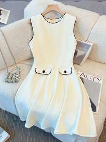 Franclia 女士优雅黑白撞色无袖装饰口袋可爱中长连衣裙，适合通勤