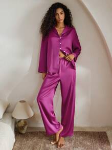 Ocili Leisure Women's Satin Smooth Comfortable Loose Long Sleeve And Pants Pajama Set - Hot Pink - View 6
