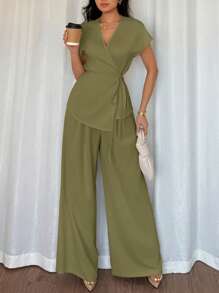 Selianne 女装夏季优雅波西米亚裹身式蝙蝠袖衬衫+阔腿宽松裤两件套，杏色，适合外出约会度假 - 綠色 - 查看 5