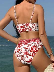 SHEIN Swim Women Floral Print Deep V-Neck Bikini Set
