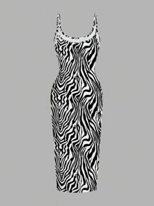 SHEIN EZwear 休閒極簡主義全印花修身細肩帶長洋裝，斑馬紋，適合夏季 - 彩色 - 查看 6