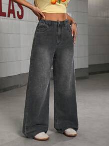 Sparklyn Quần jeans ống rộng đa năng thoải mái, phù hợp với mọi phong cách, màu đen và xám mới cho thanh thiếu niên/bé gái - màu đen - Xem 4