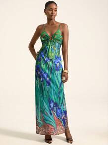 Aveloria Rosie 鸢尾花油画印花镂空金属扣吊带背心收腰修身连衣裙 - 彩色 - 查看 3