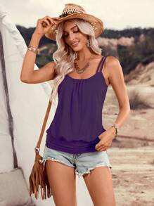 LanaWest Áo camisole nữ màu trơn, dáng rộng, xếp ly, thích hợp cho kỳ nghỉ. - Màu tím - Xem 3