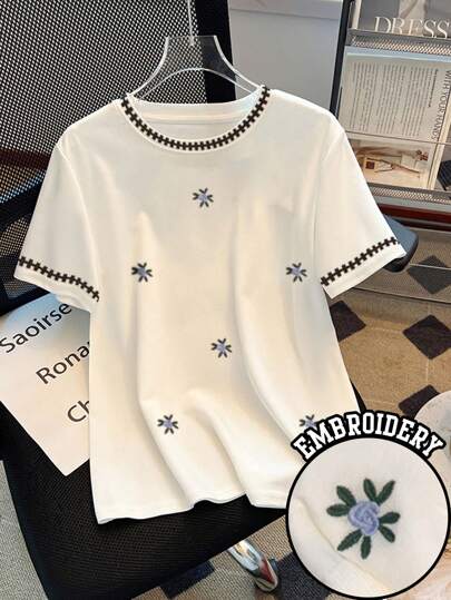 INAWLY 女式花卉刺绣T恤，舒适休闲，春夏季