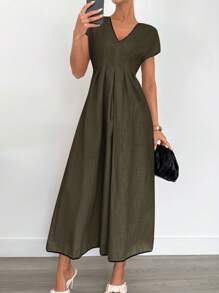 Siren Gaze Đầm dài vải lanh màu bó eo thoải mái bằng cotton cho nữ, mùa hè - xanh quân đội - Xem 4