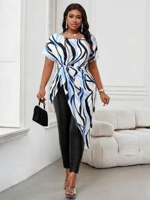 SHEIN Lady Women's Plus Round Neck Short Sleeve Twisted Asymmetrical Hem Line Printed Blouse Valentine Day New Years Vacation Beach Vacation Summer Top Sexy Country Concert - Blue - View 3