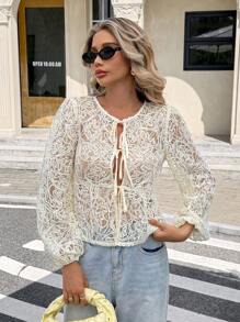 2026 Blusa de manga larga con mangas de farol, cuello redondo, bordado frontal y lazo, para mujer, estilo casual de vacaciones, para otoño e invierno, elegante, para salir, para oficina, para brunch, para Halloween, para homecoming - Albaricoque - Ver 7