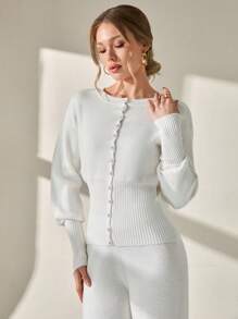 CLARA VERO Structured Corsman Yarn Knit Cardigan With Ruffled Button-Up Front And Ribbed Waist In Winter White White Button Down Sweater,Cardigans For Women,Long Cardigans Woman,Petite Cardigans,Cardigans - White - View 6