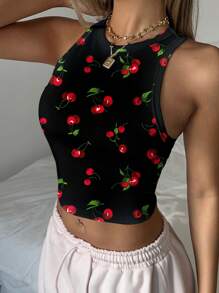SHEIN EZwear Cherry Print Casual Minimalist Round Neck Slim Fit Women Tank Top Suitable For Summer Chic - Multicolor - View 6