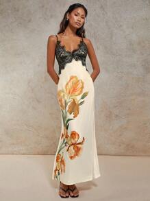 COSMINA Elegante vestito da donna lungo in pizzo con stampa digitale