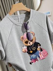 INAWLY 2 件女式休闲插肩袖熊印花宽松 T 恤套装 - 灰色 - 查看 3