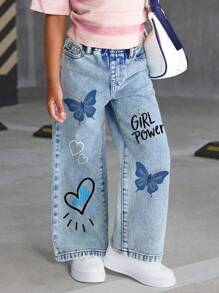 SHEIN Girls' Versatile Fashion Mottled Casual Blue Straight Leg Jeans Fall Winter - Blue - View 6