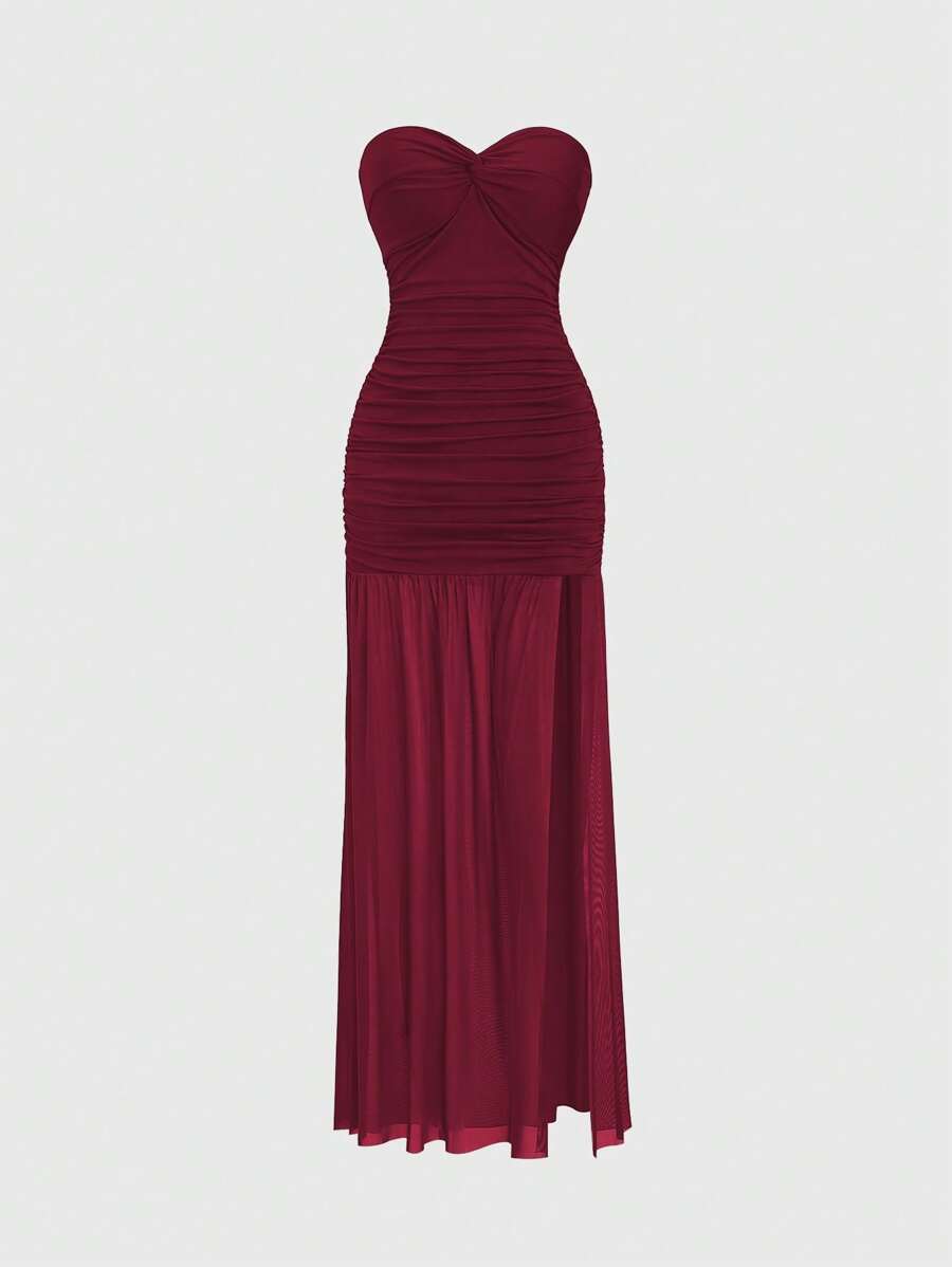 Sweetra 女士网眼拼接修身优雅通勤扭纹抹胸连衣裙 - 酒紅色 - 查看 1