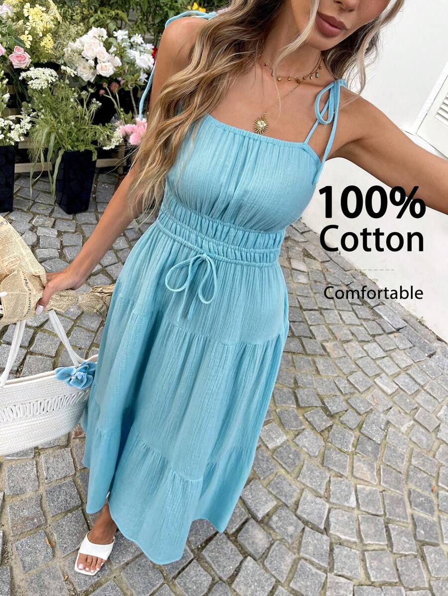 SHEIN LUNE Women's Casual Solid Color 100% Cotton Summer Vacation Outgoing Daily Basic Long Dress Summer Dresses For Women - Teal Blue - View 1