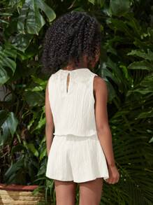 SHEIN Bộ 2 chiếc áo thun không tay cổ tròn dệt trơn màu cho bé gái và quần short dệt trơn màu rộng rãi - Màu be - Xem 2