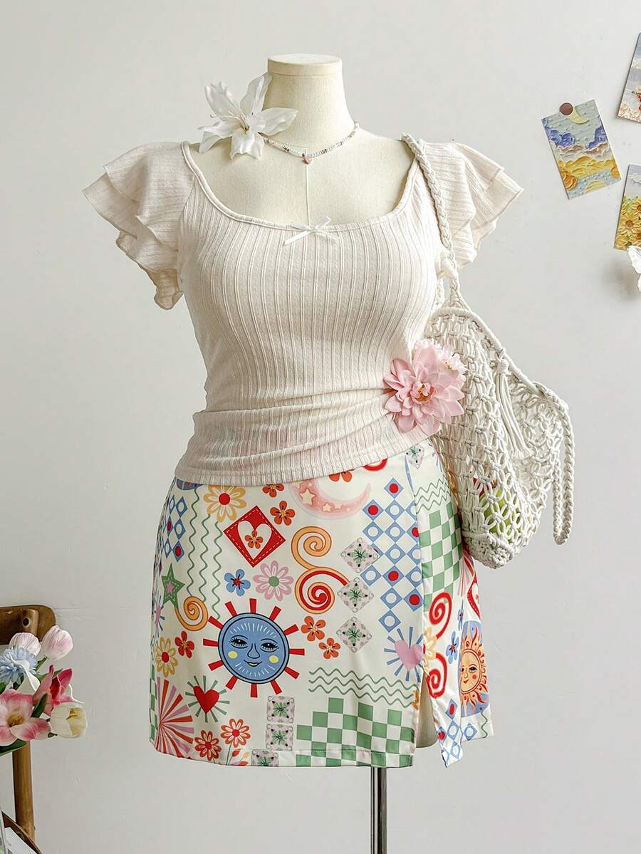 Soleia 大码女式度假风格缎面印花前侧开衩直筒修身太阳元素彩色图案印花夏季半身裙，圣诞服装 - 彩色 - 查看 1