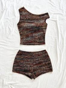 Soleia 女士两件套夏季服装 女士两件套度假服装 女士沙滩装 复古女士夏季时尚不对称领口上衣和短裤两件套 毛绒两件套 棕色两件套 针织两件套 两件套短裤套装 粗花呢两件套 - 彩色 - 查看 5