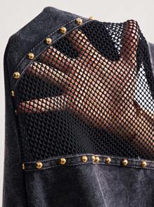 Bohemela 女式宽松纯色针织拼布网眼圆领短袖 T 恤 - 黑色 - 查看 10